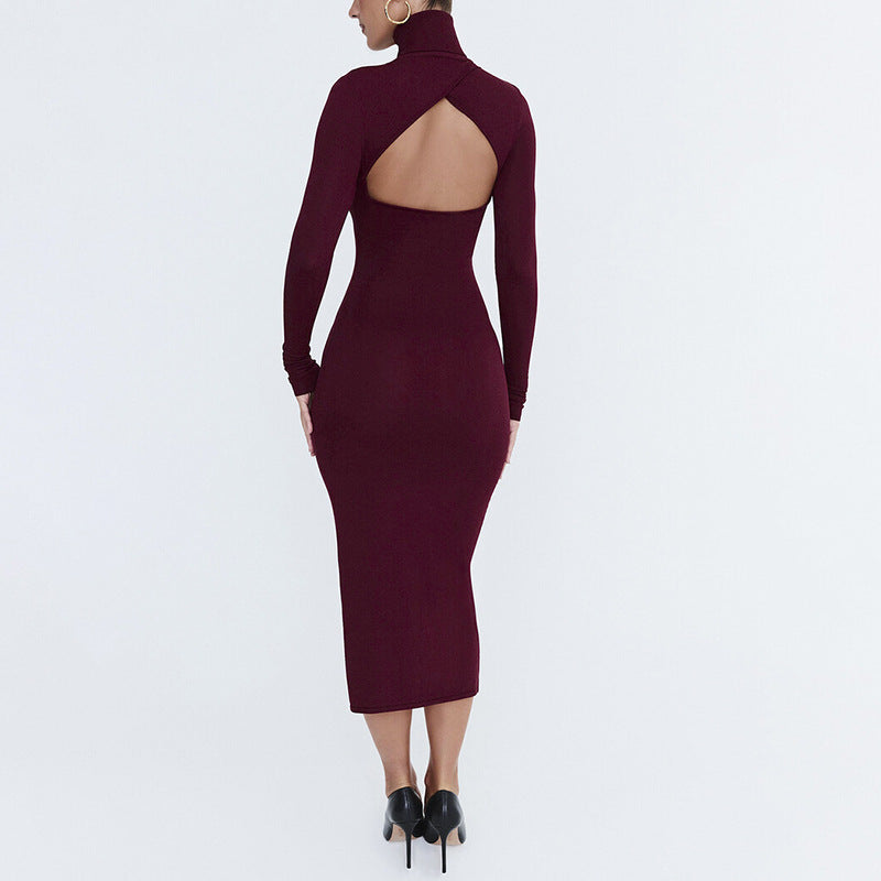 Women Sexy Slim Deep Cerise Hollow Out Cutout Split Mid Length Dress