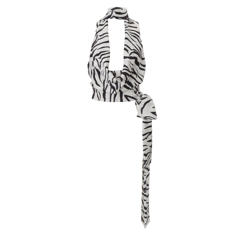 Women Clothing Summer Sexy Zebra Pattern Swing Collar Hollow Out Cutout out Short Vest Top