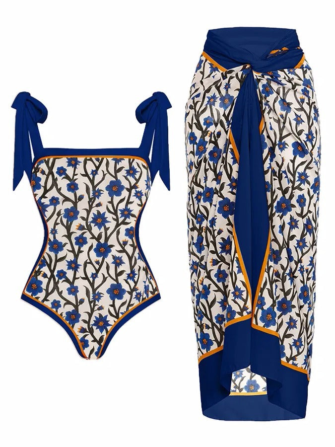 Traje de baño de una pieza de dos piezas con estampado personalizado y falda de cadera conservadora.