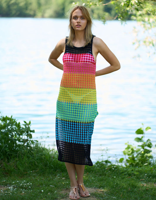Knitted Wide Horizontal Color Pattern Vest Dress Holiday Casual Beach Bikini Cover
