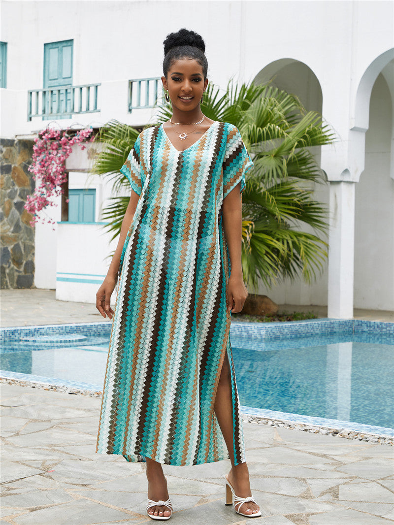 Lace Vertical Stripe Beach Blouse Sexy Hollow Out Cutout Loose Robe Sun Protection Shirt Beach Cover Up