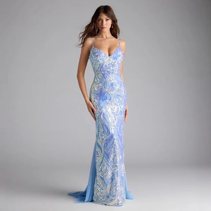 Women Party V neck Blue Sequined Sexy Dress Evening Dress