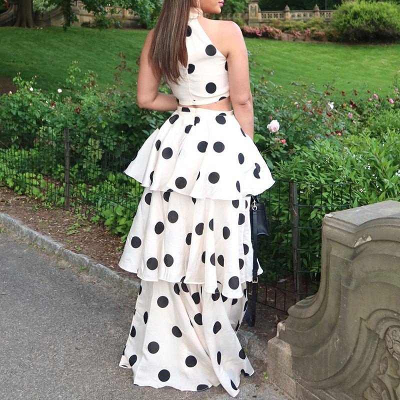 French Polka Dot Sweet Sexy Women ummer Halter Sleeveless Vest High Waist Flounced Skirt Set