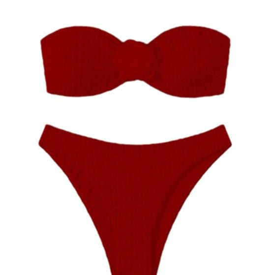 Traje de baño de dos piezas con estampado de rayas hundidas y aberturas para mujer