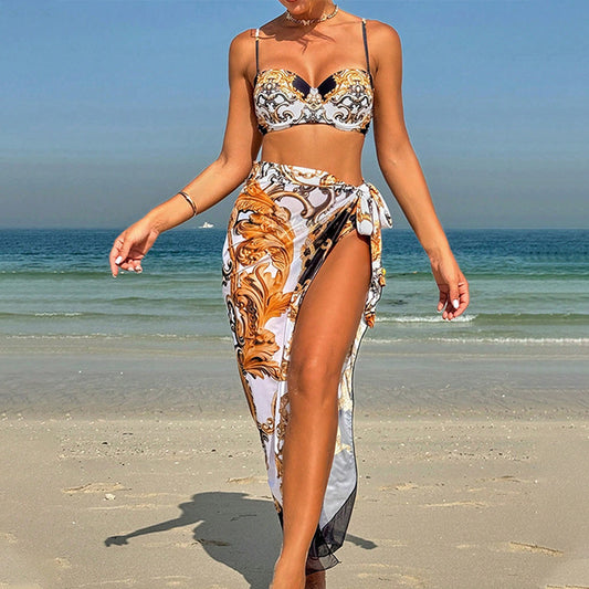 Traje de baño Bikini estampado Traje de baño de tres piezas Mujer Vestido de playa para vacaciones de primavera