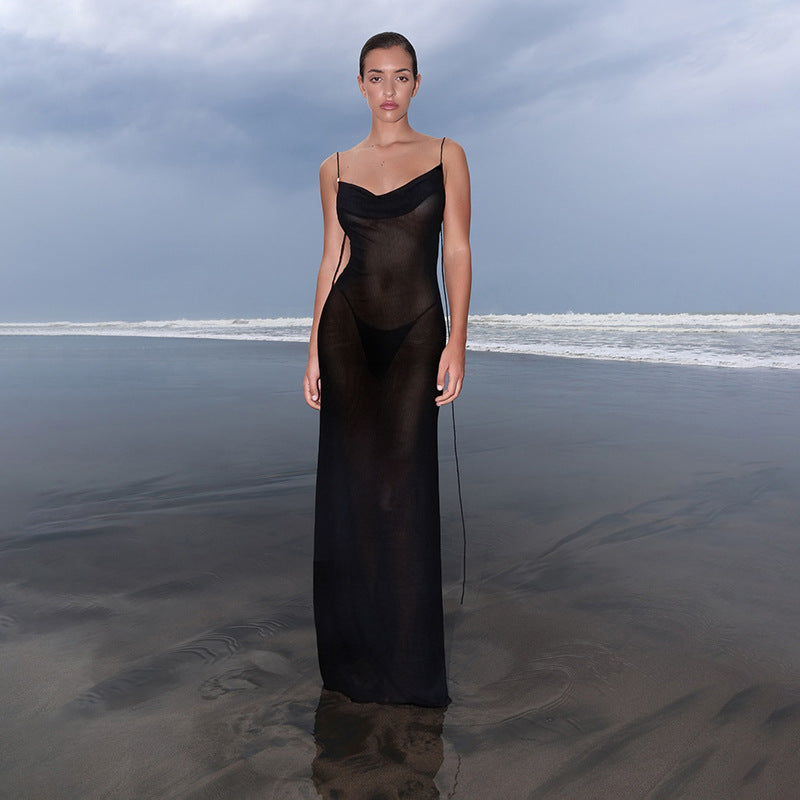 Vestido sexy de primavera y verano para mujer, con espalda descubierta y tirantes finos, con cintura alta y bolso de cadera.