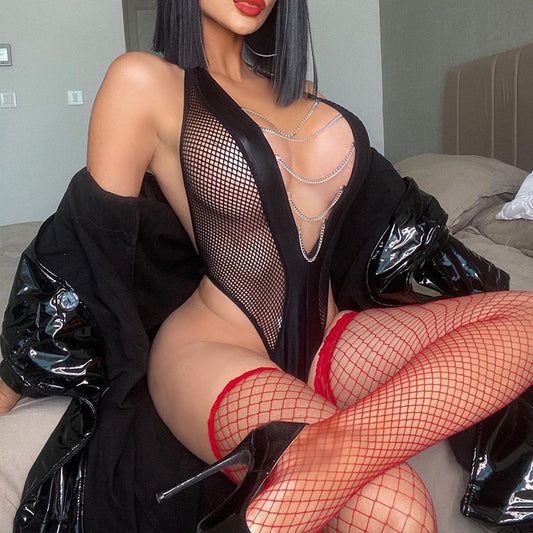 Sexy Backless Transparent Mesh Chain Jumpsuit Sexy Suit