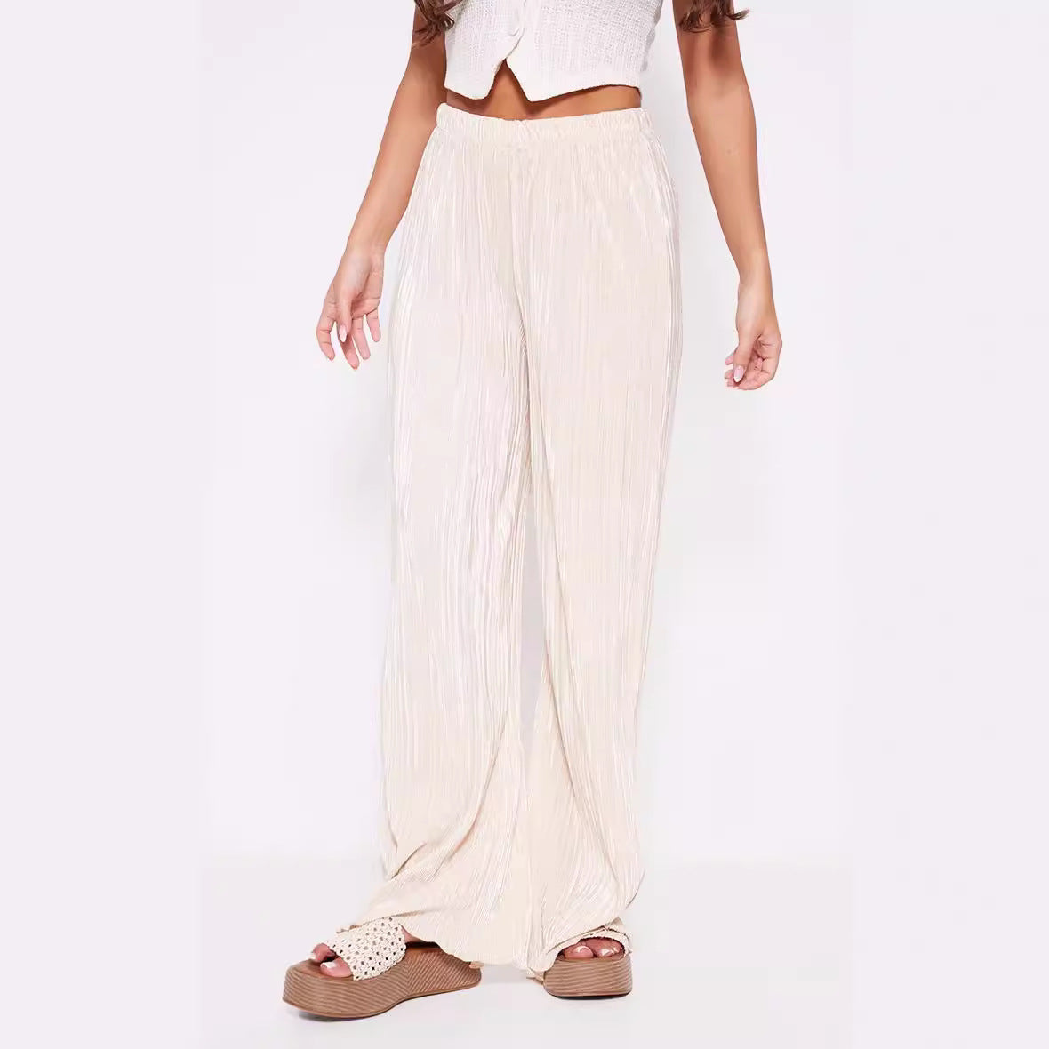 Summer Women Wide Leg Pants High Grade Luxury Pleated Satin Flash Casual Pants