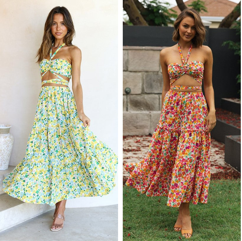 Spring Summer Sexy Halterneck Printed Tied Top Large Swing Dress for Women Floral Burst