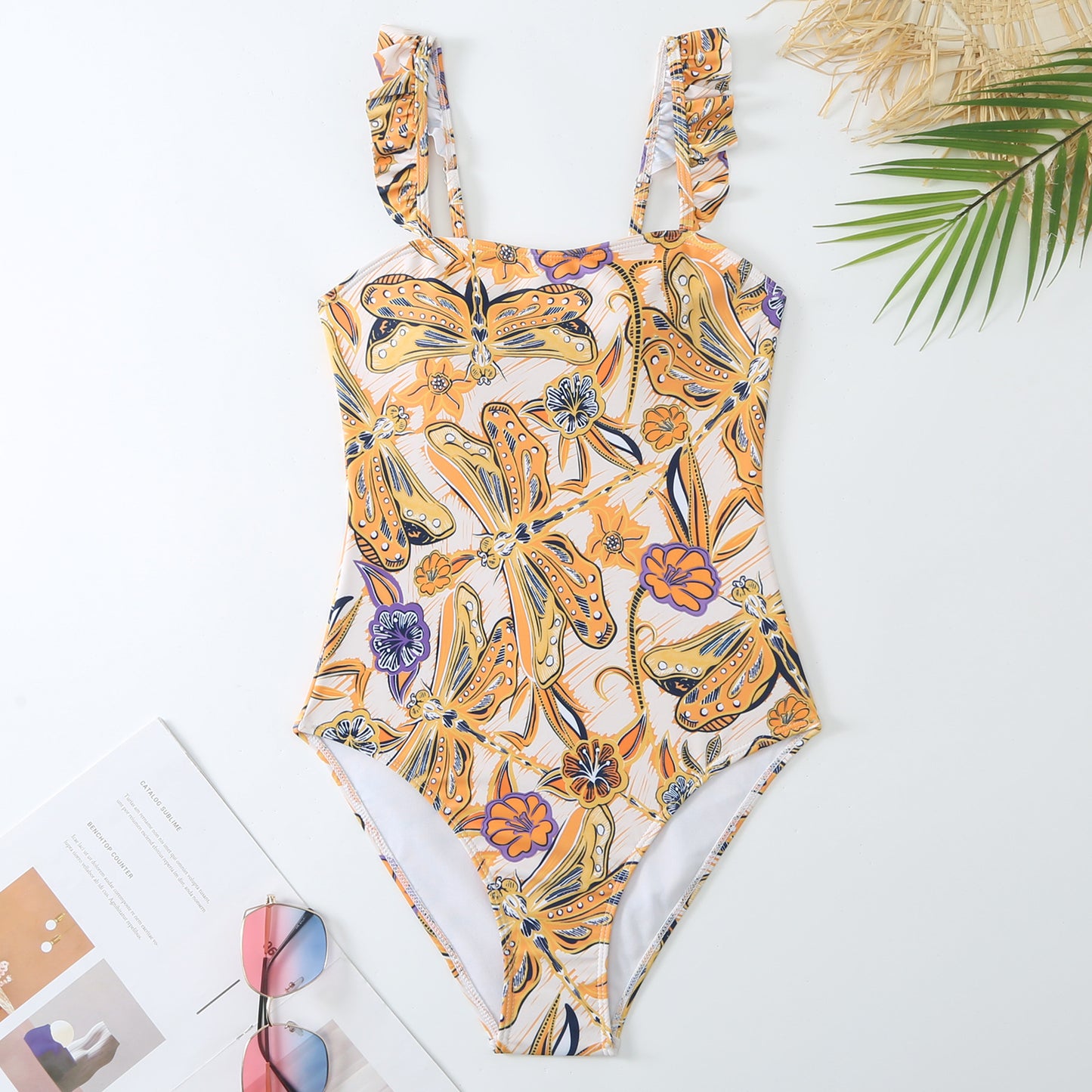 Traje de baño de una pieza con borde volador para mujer, estilo retro, para adelgazar el vientre, vestido de playa de gasa.