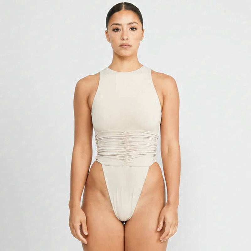 Women Clothing Summer Solid Color round Neck Sleeveless Back Zipper Hollow Out Cutout umpsuit for Women