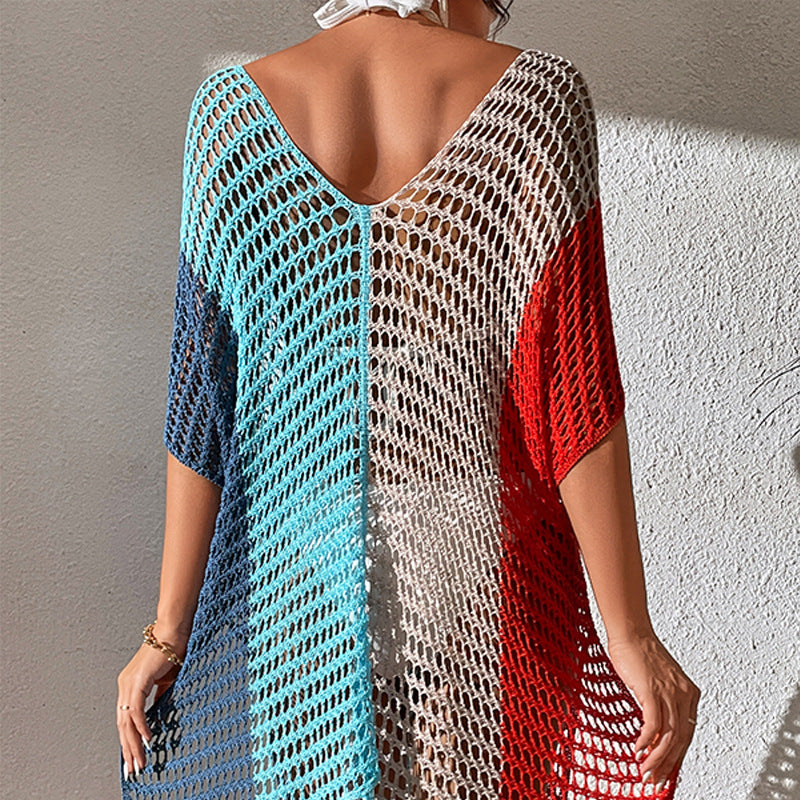 New Contrast Color Sexy Loose Pullover V-neck Tassel Hollow Out Cutout out Beach Sun Protection Clothing Bikini Beach Cover-up Crochet hook