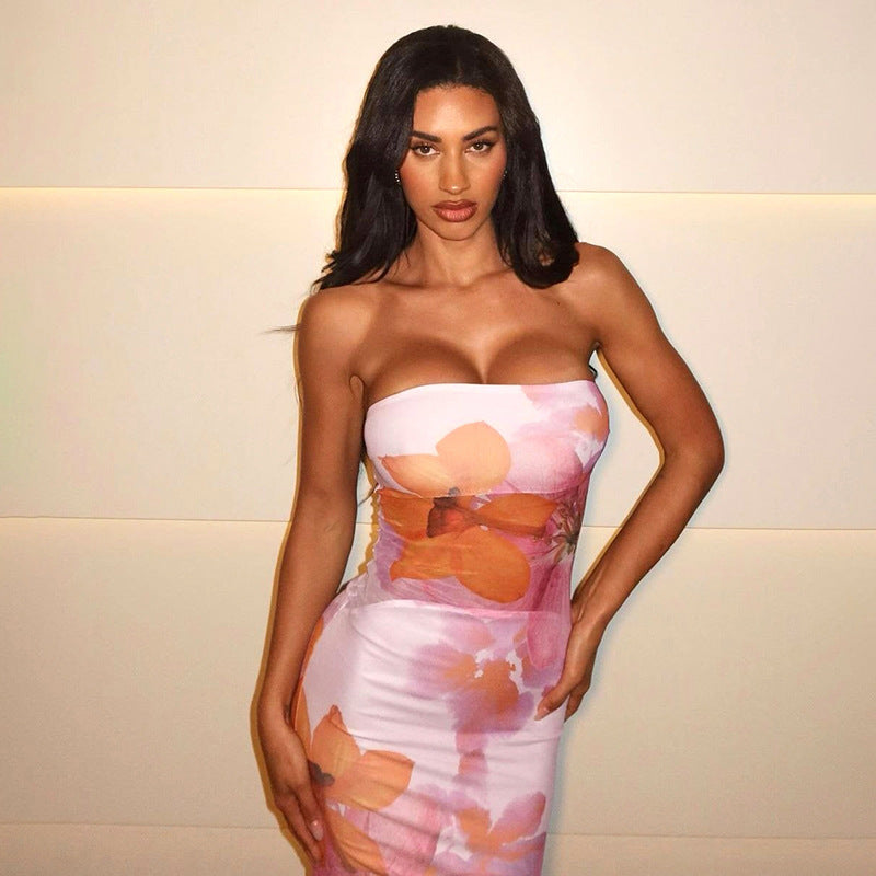 Vestido tubo con espalda descubierta, estampado floral y costuras en el forro para mujer