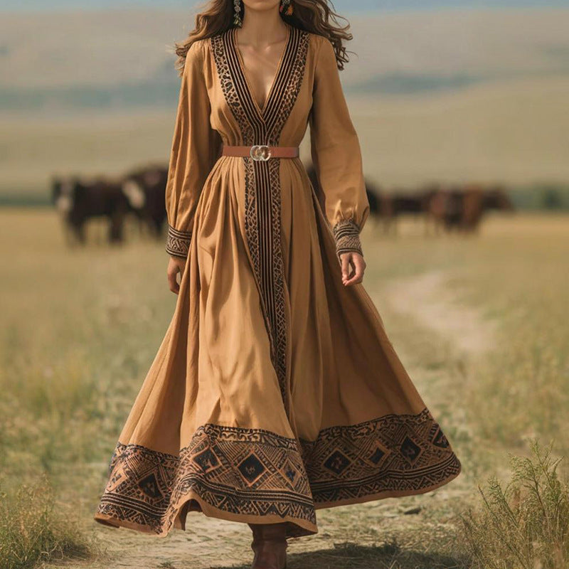 Autumn Women Long Sleeve Printed V neck Maxi Dress