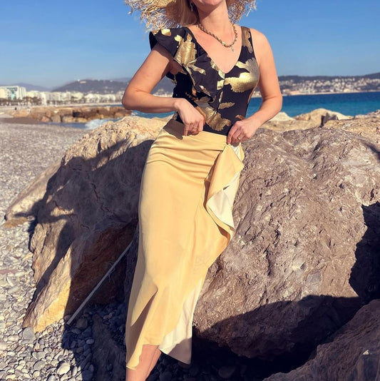 Traje de baño de una pieza con encaje y volantes de alta calidad en oro negro para mujer, conjunto de dos piezas adelgazante con falda