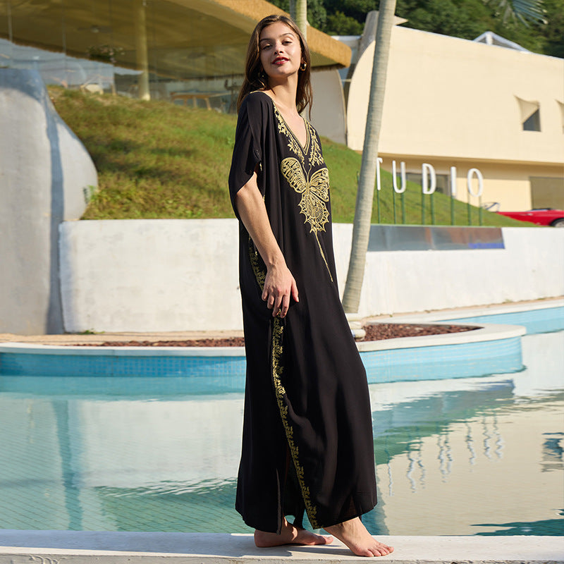 Vestido de fiesta bordado de rayón para mujer, bata larga holgada de playa, traje de baño, blusa, ropa de protección solar