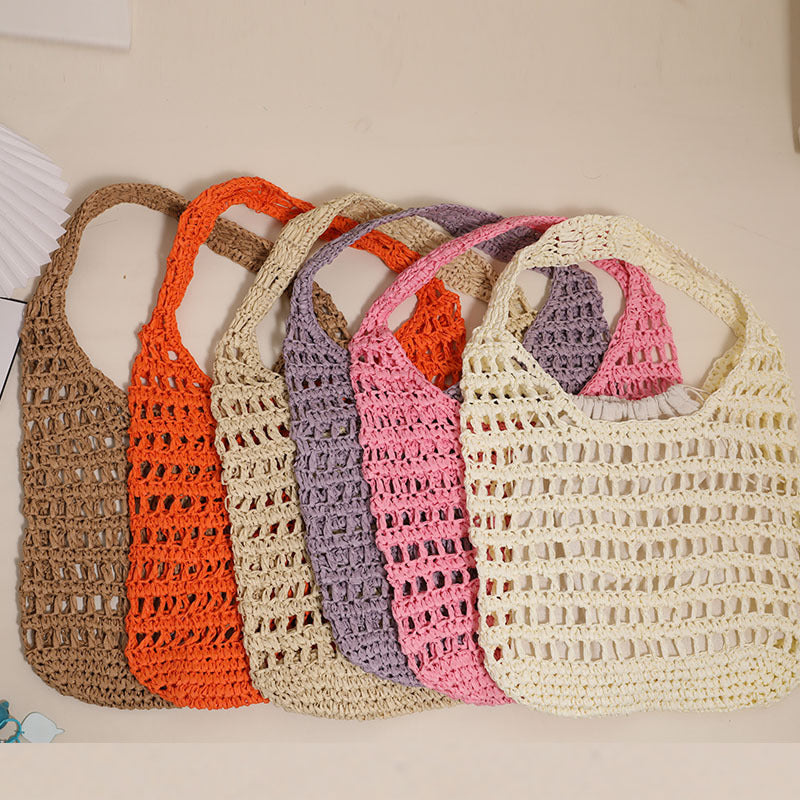 Bolso de hombro francés de paja de gran capacidad, bolso de mano con recortes, bolso de paja portátil, bolso tejido, bolso de playa para vacaciones en la playa