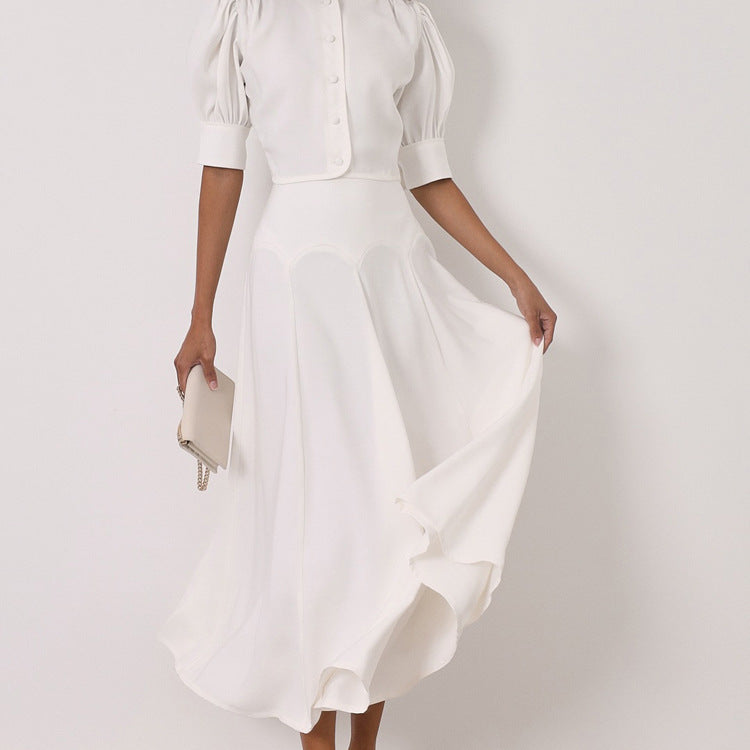 Women Clothing Satin High Grade Skirt Set round Neck Short Sleeve Cardigan Top Elegant Two Piece Set