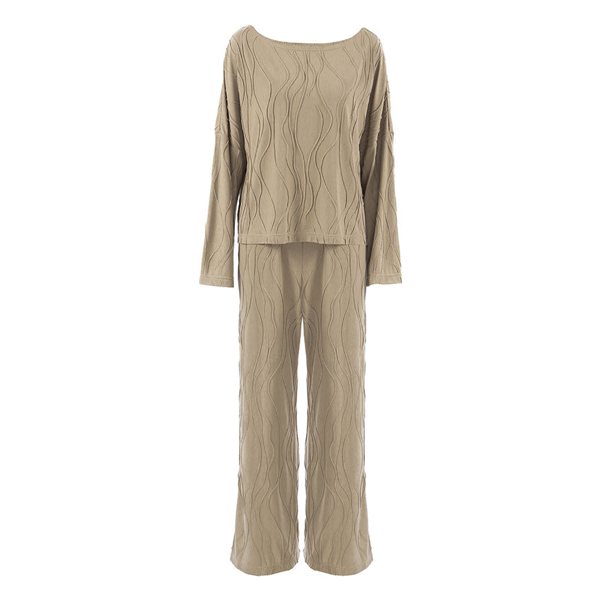 Autumn Loose Casual Striped Knitted Pajamas Women Long Sleeved Trousers Can Be Outerwear Homewear