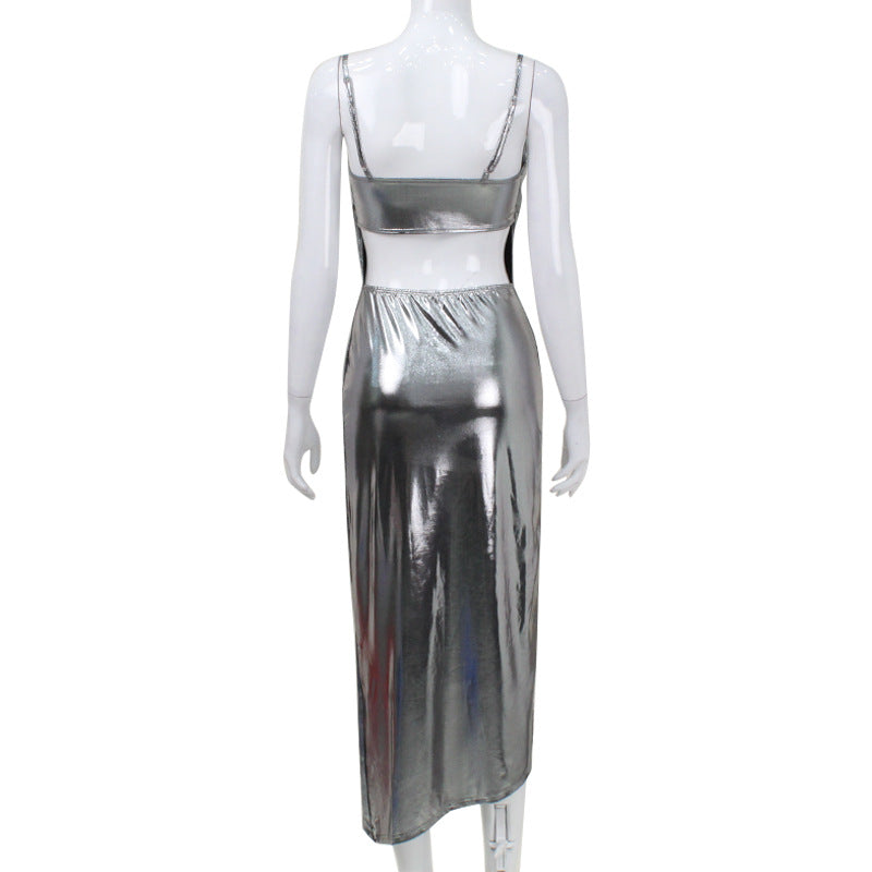 Women Clothing Sexy Backless Swing Collar Cami Dress Bronzing Split Pure Sexy Dress Long