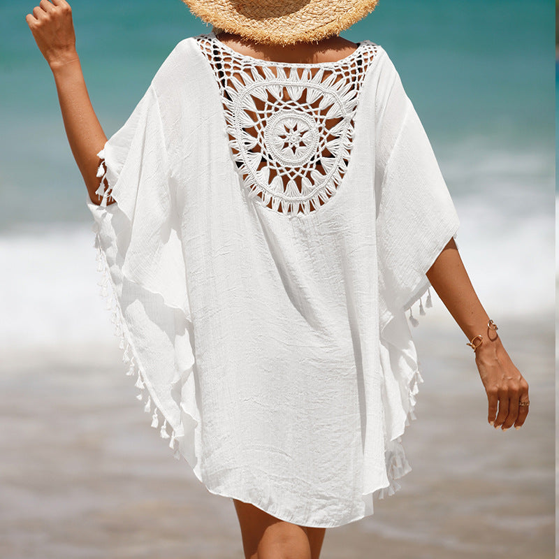 Vacation Hand Crocheting Solid Color Stitching Beach Dress Fimbrilla Sun Protection Short Sexy Beach Blouse