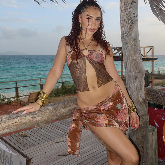 Spring Summer Women Sexy Cropped Halterneck Vest Bikini Three Piece Sets