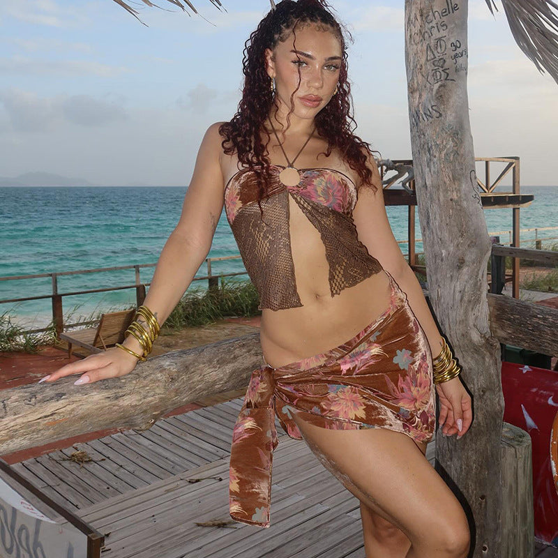 Conjunto de bikini de tres piezas con cuello halter recortado sexy para mujer para primavera y verano