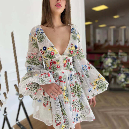 Vestido de verano para mujer, con diseño bordado de malla y mangas abullonadas, vestido de hada para fiesta de cumpleaños