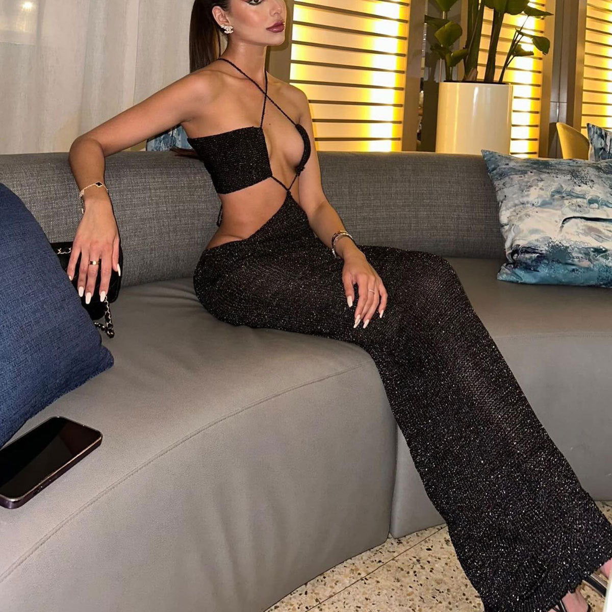 Sexy Cutout Siamese Beach Women Dress Solid Color