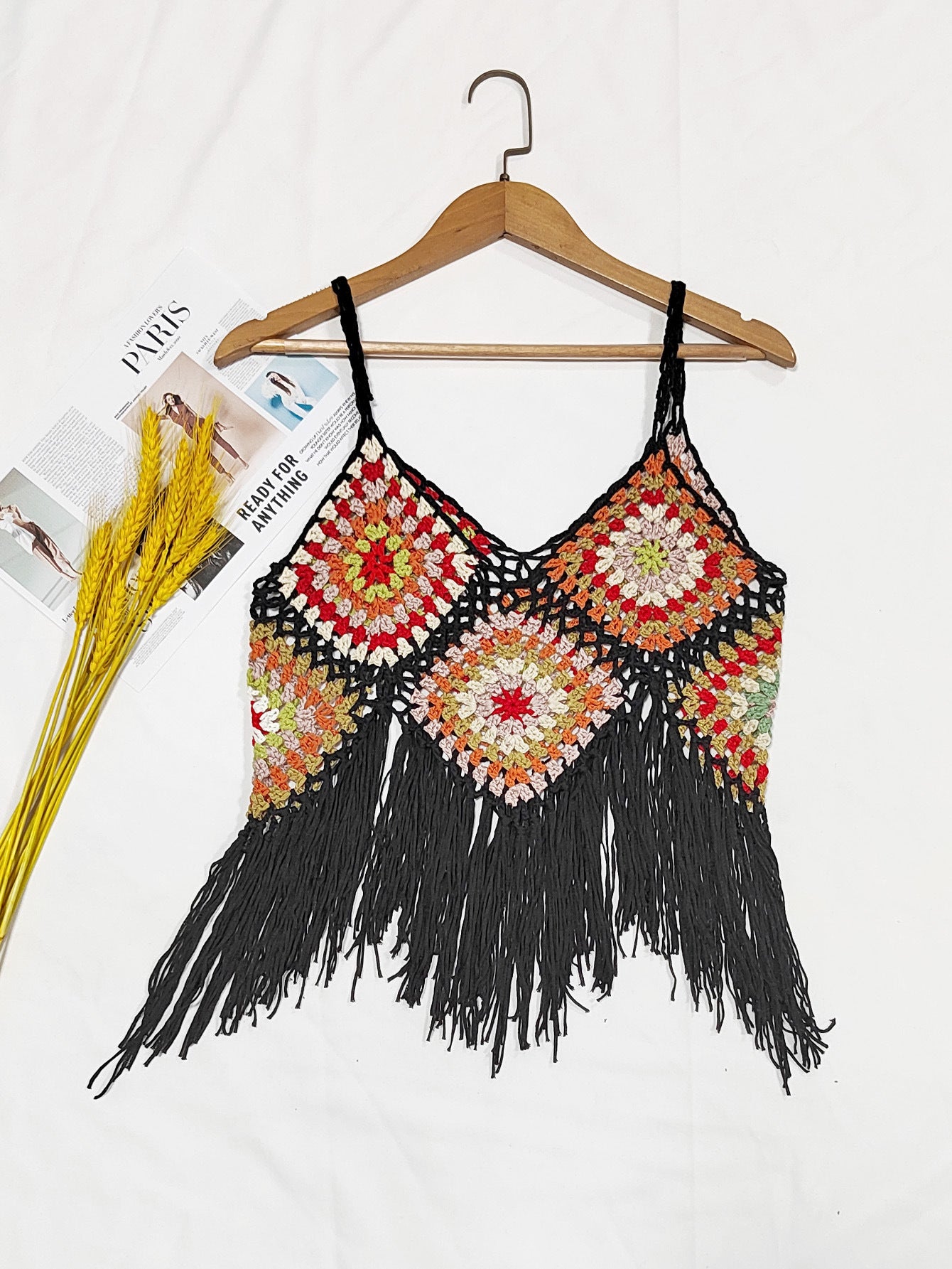 Women Clothing Women Top Pure Hand Crocheting Random Mixed Color Stitching Camisole Tassel Shirt Crochet
