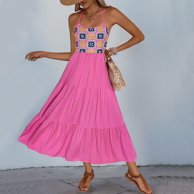 Vestido sin mangas con cuello halter, dulce y picante, para mujer, sin espalda, con estampado de rosas para vacaciones.