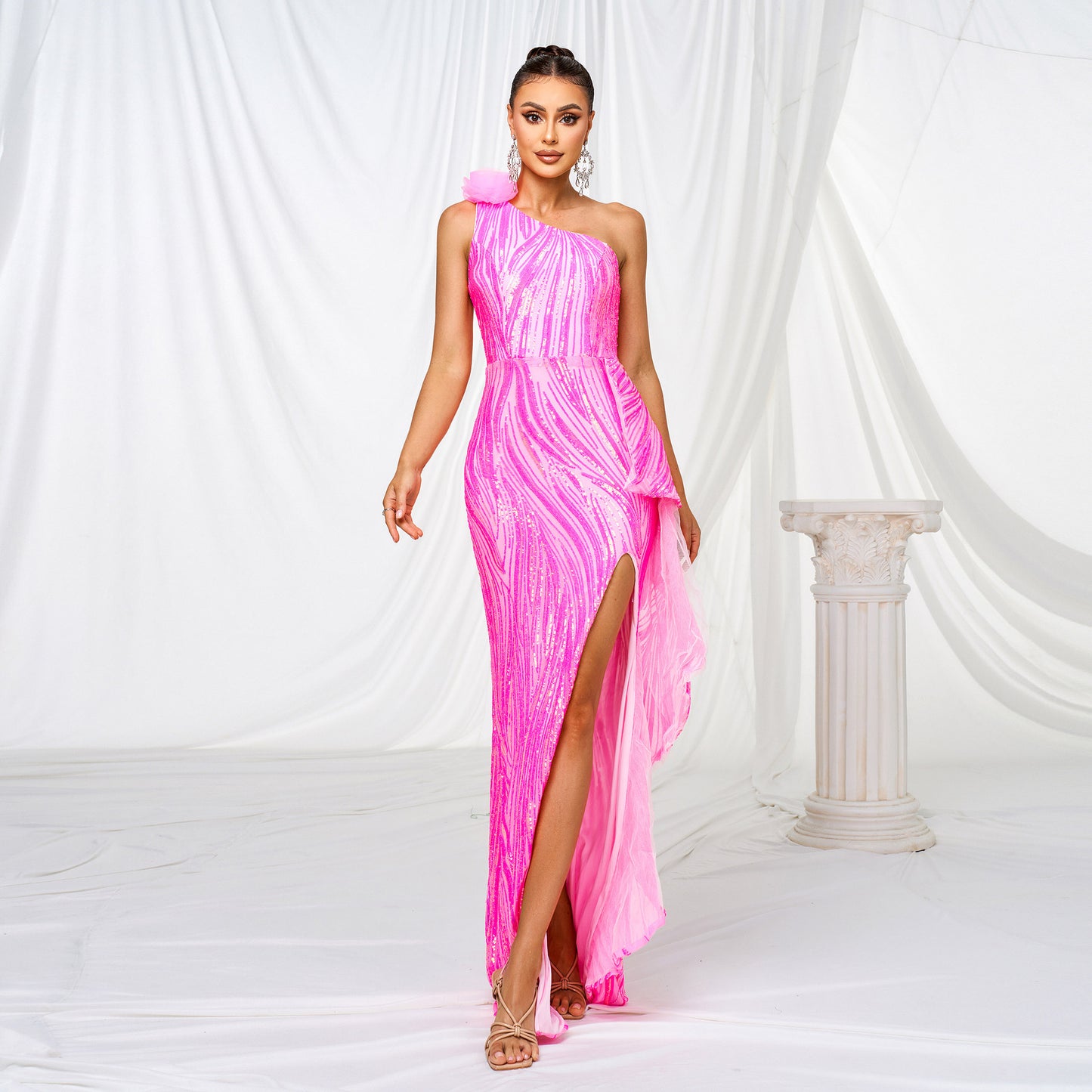 Women Clothing One Shoulder Diagonal Collar Slim Fit Sheath Sequined Split Cocktail Evening Dress