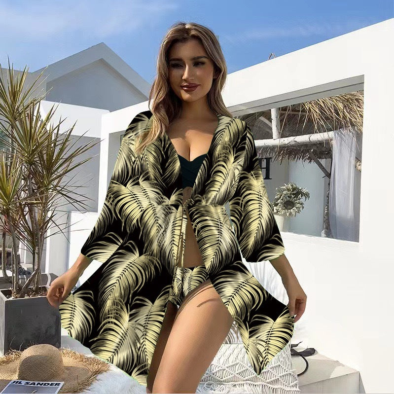 Conjunto de bikini de tres piezas con protección solar, traje de baño de manga larga con estampado multicolor para mujer