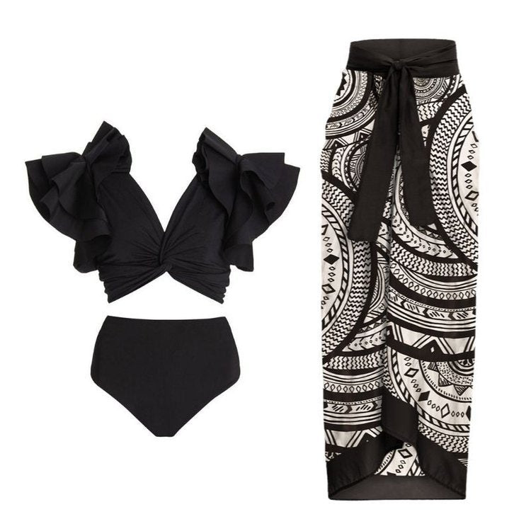 Maillot de bain rétro taille haute fendu pour femme, ensemble bikini à volants, jupe de plage en mousseline