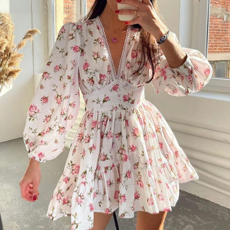 Vestido corto de primavera para mujer, elegante y dulce, con escote en V estampado y encaje en la cintura.