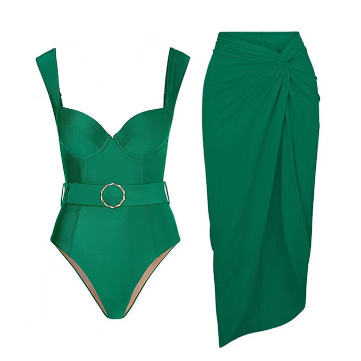 Green Double Shoulder Swimsuit Suit