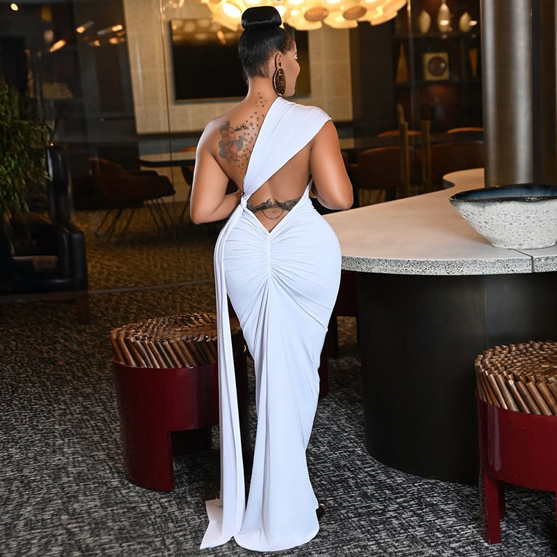 Women Clothing Tied Slim Fit Design Slimming Hip Pleated Diagonal Collar Shoulder Solid Color Length Dress