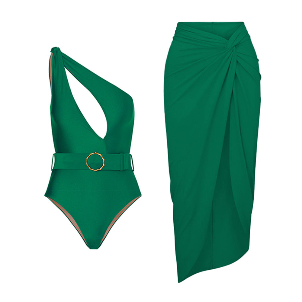Green Oblique Shoulder Swimsuit Suit