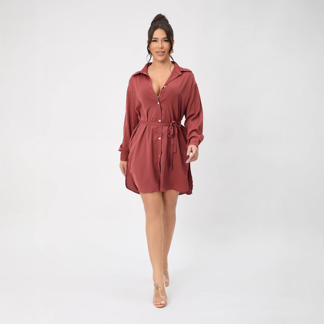 Conjunto de dos piezas formado por camisa y pantalón corto, para mujer, informal, de manga larga, con cuello y cinturón, para primavera