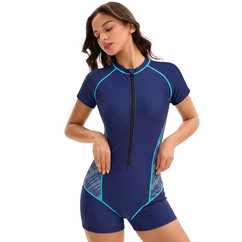 Swimsuit Women Sports One Piece Color Matching Boxer Conservative Short Sleeve Swimsuit Bianco