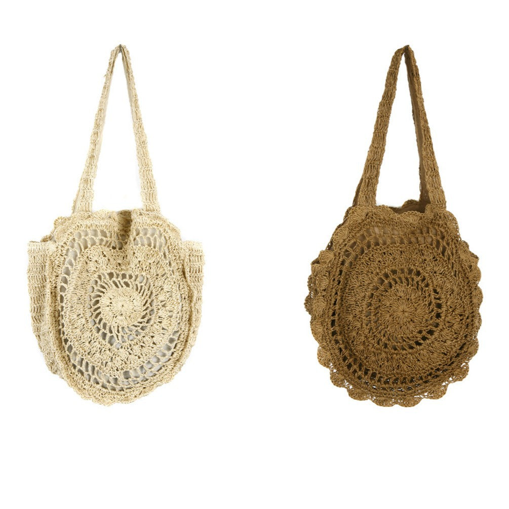 Bolso de hombro floral redondo de gran capacidad, bolso de paja con recortes, bolso de paja tejido, bolso de playa para vacaciones