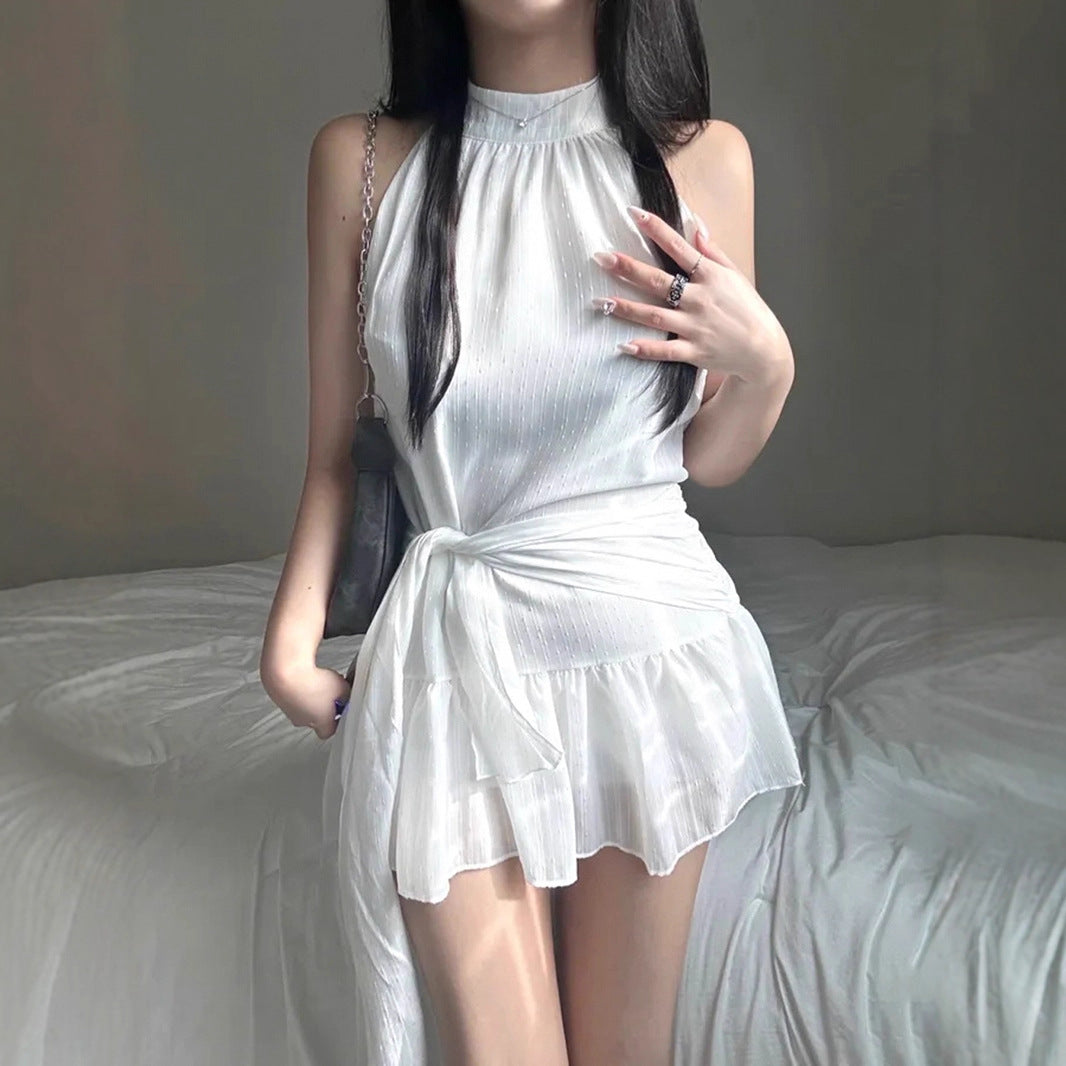 Gentle Girlish Halter round Neck Sleeveless Dress Waist Controlled Lace up Short Double Layer Flounced
