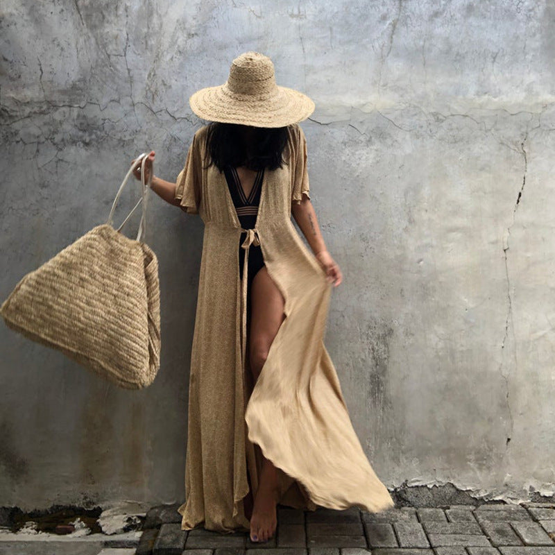 Sunscreen Cardigan Women Solid Color Lace-up Cardigan Half Sleeve Beach Sun Protection Bikini Coat Women