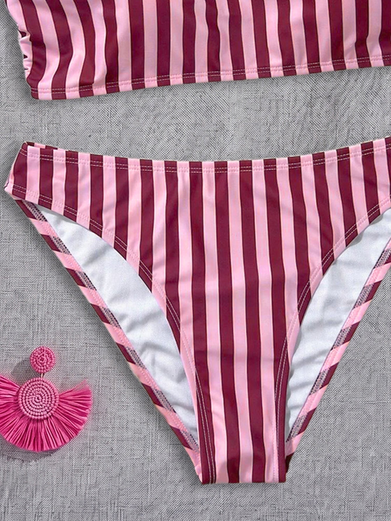 Bikini Pink Striped One Shoulder Tube Top Bikini Sexy Backless Low Waist Split Swimsuit WithWind