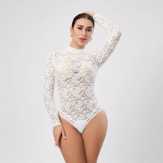 Mono sexy de encaje blanco con diseño de blusa de manga larga, ropa de mujer de alta calidad