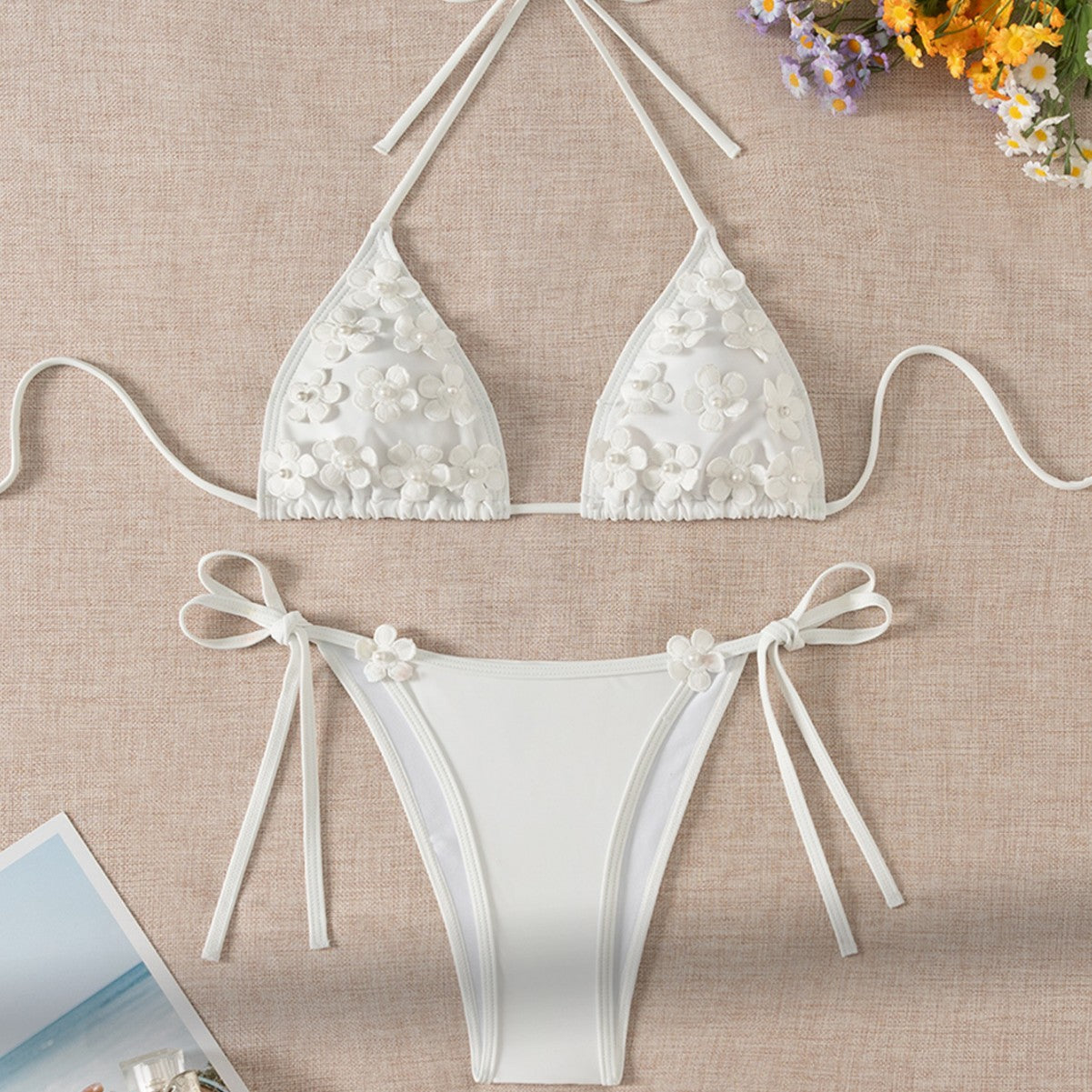 Bikini triangle sexy à motif floral tridimensionnel pour femme
