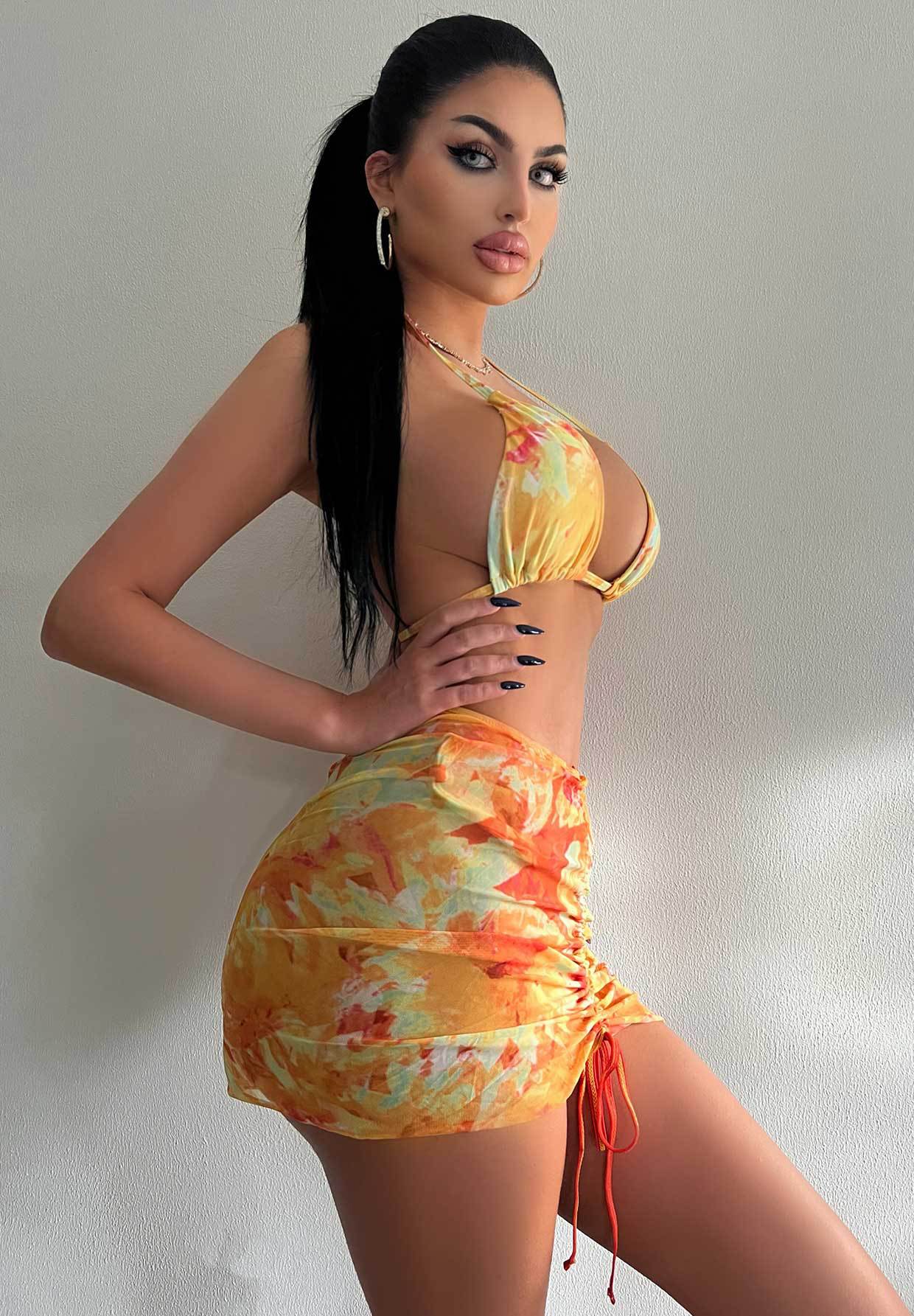 Traje de baño de tres piezas, estampado sexy, con encaje, falda a la cadera, bikini
