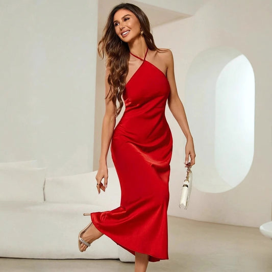Women Sexy Dress Spring Autumn Evening Dress Satin Strap Maxi Dress