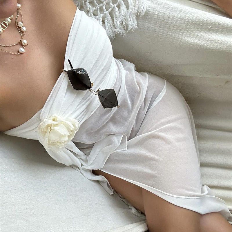 Summer Sexy off Shoulder Scarf Bow Tube Top See through Irregular Asymmetric Dress