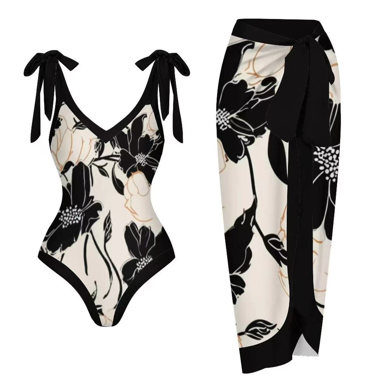 Traje de baño de dos piezas con falda de gasa de una pieza y estampado multicolor con protección solar.